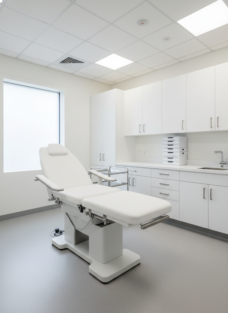 A fully equipped, vacant medical examination room ready for rental, dominated by a high-end white examination table with adjustable metal armrests and a soft, wipeable surface. Surrounding it are built-in white cabinets with stainless steel handles, a wall-mounted sink with a motion-sensor faucet, and neatly arranged, closed containers for instruments. A large frosted-glass window on one side lets in soft natural daylight, complemented by unobtrusive ceiling LEDs that create a bright, clinically clean atmosphere. Photographic realism from a three-quarter angle, with sharp detail and a tidy, uncluttered composition that communicates hygiene, professionalism, and move-in readiness for healthcare providers.