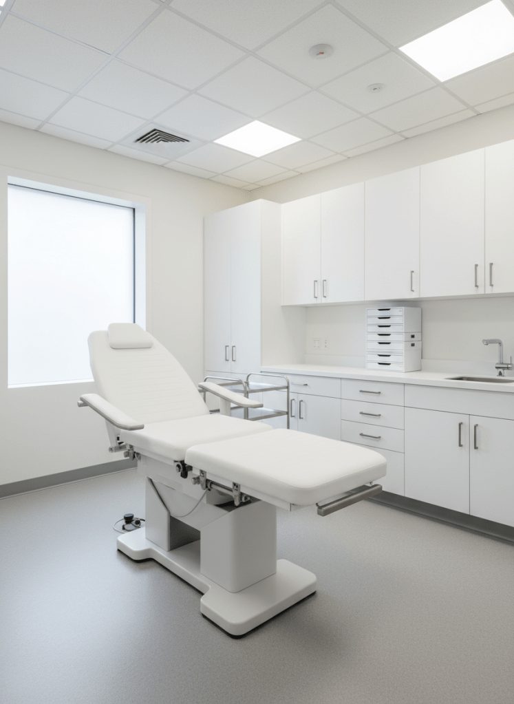 A fully equipped, vacant medical examination room ready for rental, dominated by a high-end white examination table with adjustable metal armrests and a soft, wipeable surface. Surrounding it are built-in white cabinets with stainless steel handles, a wall-mounted sink with a motion-sensor faucet, and neatly arranged, closed containers for instruments. A large frosted-glass window on one side lets in soft natural daylight, complemented by unobtrusive ceiling LEDs that create a bright, clinically clean atmosphere. Photographic realism from a three-quarter angle, with sharp detail and a tidy, uncluttered composition that communicates hygiene, professionalism, and move-in readiness for healthcare providers.