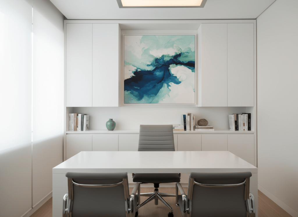 A compact, high-end consultation room for health professionals, featuring a minimalist white desk with a smooth satin finish, an ergonomic gray swivel chair, and two simple visitor chairs pushed neatly under the desk, all unoccupied. Behind the desk, built-in shelving with closed white fronts and a few carefully placed medical reference books and neutral decorative objects. A large abstract artwork in calming blue and green tones hangs on the wall, reinforcing the health focus. Soft daylight enters through a side window with translucent blinds, complemented by a warm, dimmable ceiling panel. Photographic realism, shot at eye level with moderate depth of field, creating a quiet, private, and professional ambiance for therapeutic or medical consultations.