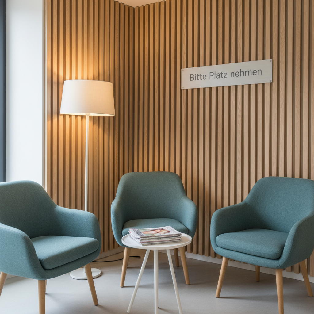 A serene waiting area corner designed for medical practices, without any people, containing a group of three upholstered chairs in muted teal fabric arranged around a low, round white side table holding neatly stacked health magazines. Behind the chairs, a vertical wooden slat wall in light oak provides warm texture, with a discrete “Bitte Platz nehmen” sign in understated lettering. Natural light from an unseen window creates a gentle gradient of brightness across the wall, while a floor lamp with a fabric shade adds a cozy accent. Photographic realism from a slightly angled perspective, emphasizing comfort, discretion, and a homely yet professional atmosphere for patients.