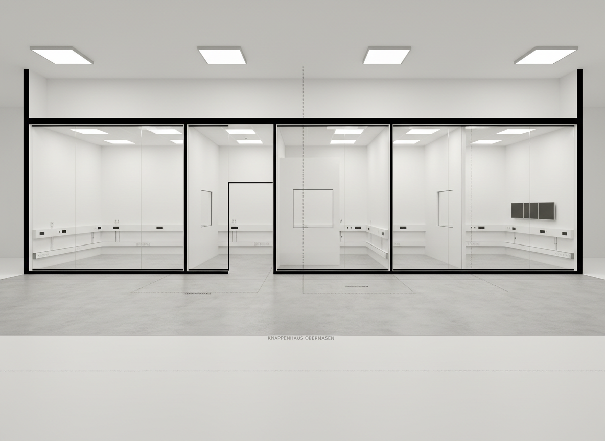 A cross-section style view of one floor in Knappenhaus Oberhausen, showing several adjacent, unfurnished practice units with transparent cutaway walls, each room proportioned for different medical uses such as treatment, consultation, and diagnostics. Clean white walls, uniform light gray floors, and integrated cable conduits and wall outlets are visible, highlighting flexible infrastructure. Overhead, recessed LED panels provide consistent, neutral white lighting. Photographic realism with an architectural visualization aesthetic, captured from a slightly elevated, wide-angle perspective, emphasizing modular layout, efficient space planning, and the building’s suitability for a variety of health disciplines.