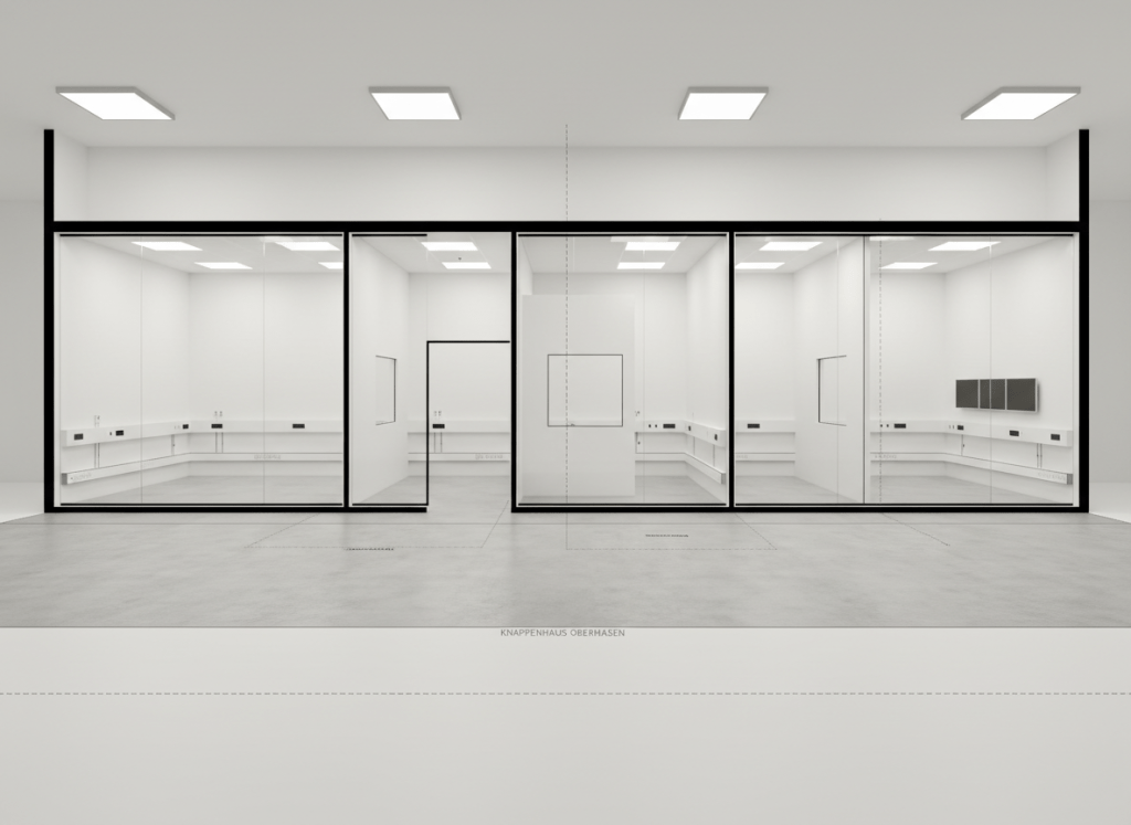 A cross-section style view of one floor in Knappenhaus Oberhausen, showing several adjacent, unfurnished practice units with transparent cutaway walls, each room proportioned for different medical uses such as treatment, consultation, and diagnostics. Clean white walls, uniform light gray floors, and integrated cable conduits and wall outlets are visible, highlighting flexible infrastructure. Overhead, recessed LED panels provide consistent, neutral white lighting. Photographic realism with an architectural visualization aesthetic, captured from a slightly elevated, wide-angle perspective, emphasizing modular layout, efficient space planning, and the building’s suitability for a variety of health disciplines.